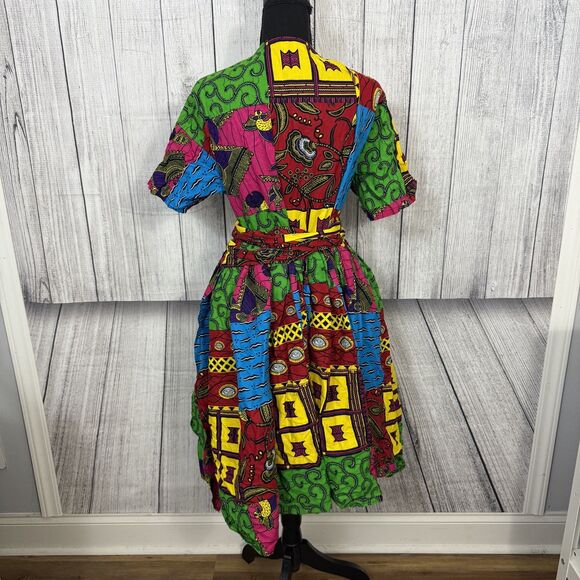 Mae Ottie Women's XL Multicolor Bright Bold African Fit & Flare Wrap Midi Dress - Picture 4 of 8